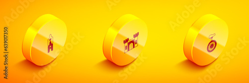 Set Isometric Circus ticket, Castle and Unicycle or one wheel bicycle icon. Vector