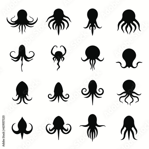 Octopus silhouettes and icons. Black flat color simple elegant Octopus animal vector and illustration.