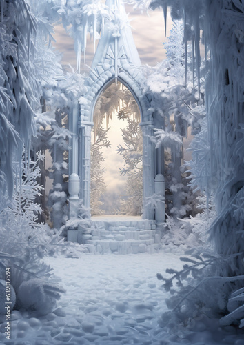 Stampa su tela An illustration of a castle entrance adorned with an air of frozen majesty, a sentinel of winter's embrace