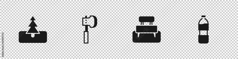 Set Tree, Wooden axe, Bench and Bottle of water icon. Vector