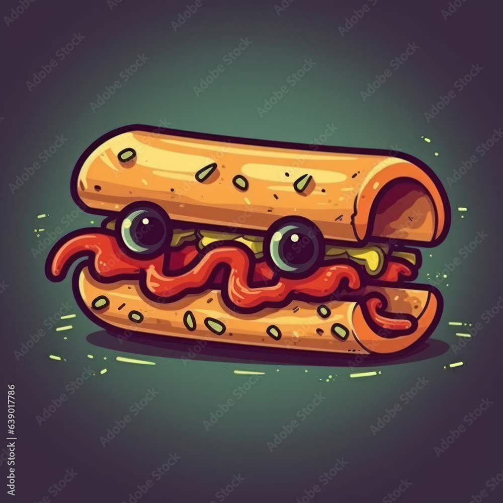 A cartoon illustration of a hot dog. Generative AI. A cartoon illustration of a hot dog. Generative AI.