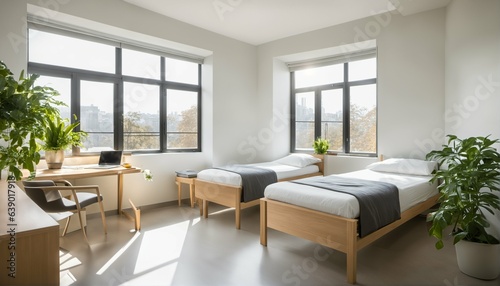 Bright and simple room for two students in student dormitory photo