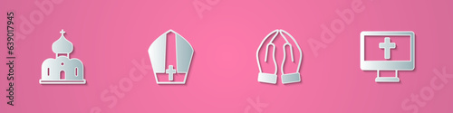 Set paper cut Church building, Pope hat, Hands praying position and Christian cross monitor icon. Paper art style. Vector