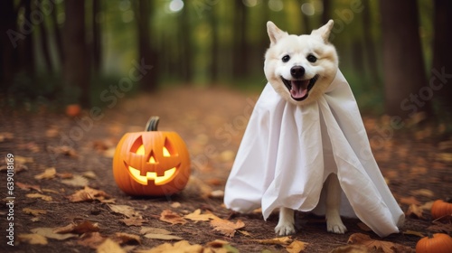 Dog in a ghost costume holding a pumpkin in mouth