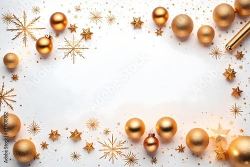 christmas background with golden stars and balls on white background