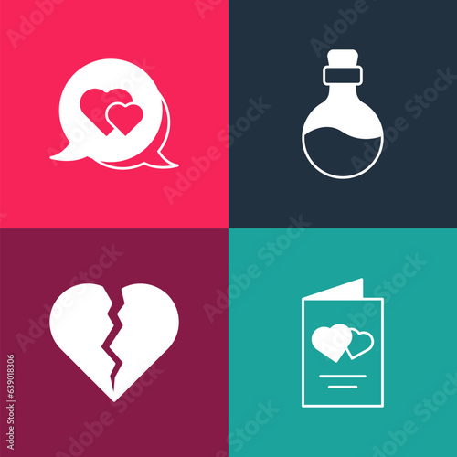 Set pop art Valentines day flyer, Broken heart or divorce, Bottle with love potion and Heart speech bubble icon. Vector