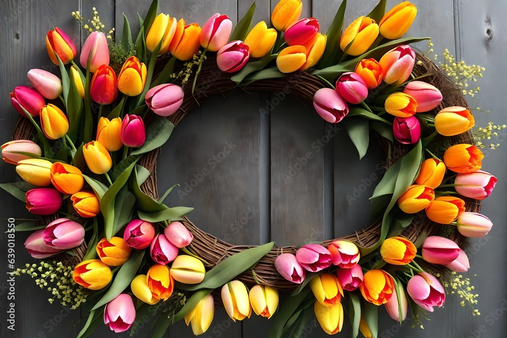 wreath of flowers on wooden background