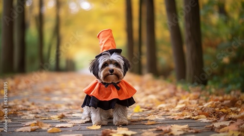 Dog in halloween costume walking outdoors