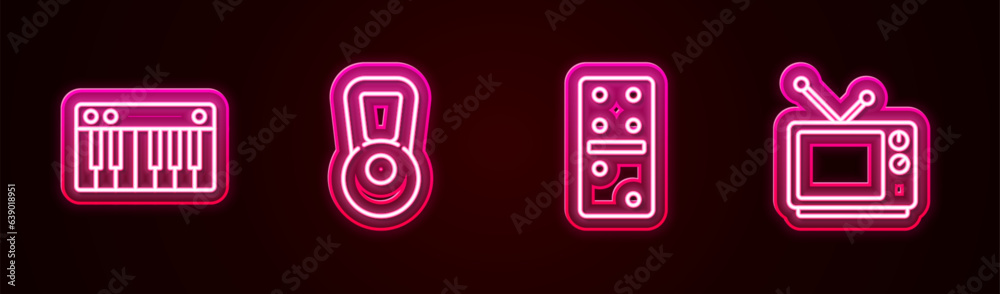 Set line Music synthesizer, Kettlebell, Domino and Retro tv. Glowing neon icon. Vector