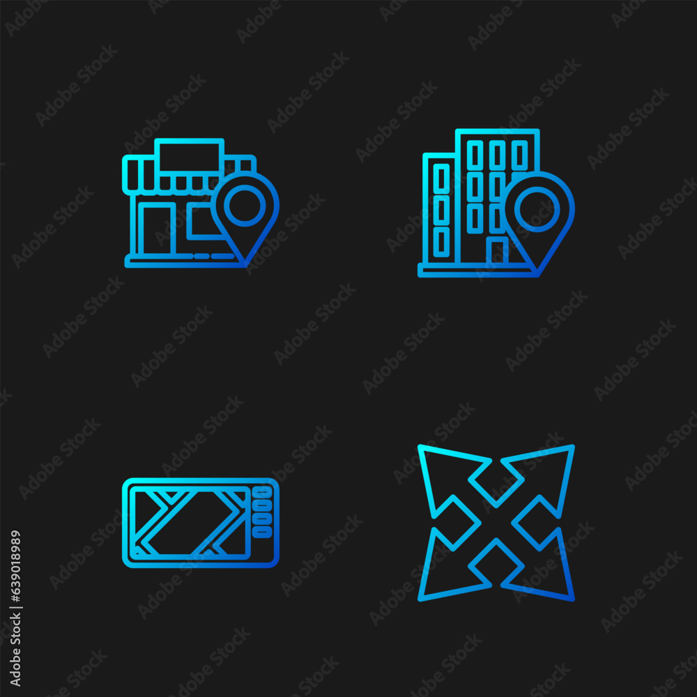 Set line Road traffic sign, Gps device with map, Location store and house. Gradient color icons. Vector Set line Road traffic sign, Gps device with map, Location store and house. Gradient color icons. Vector