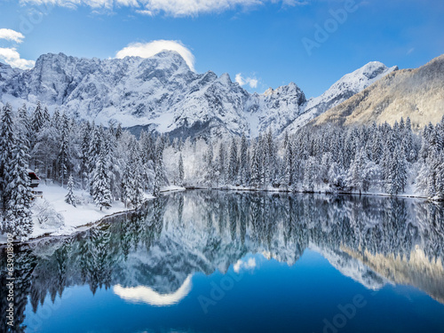 Magic and emotions of the Fusine lakes after the snowfall. Winter dress magic. Tarvisio. Top view © Nicola Simeoni