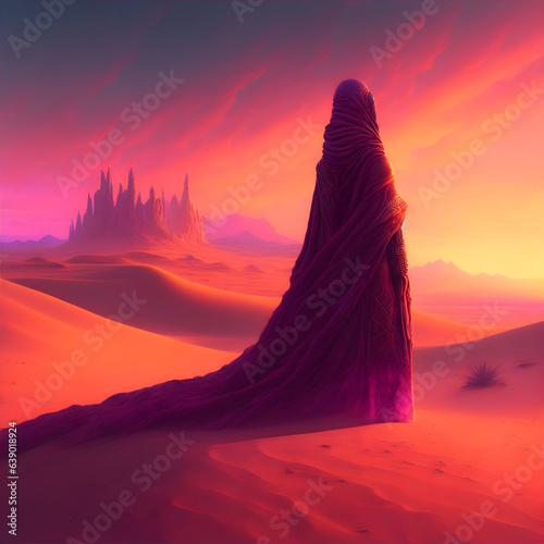 In the middle of a vast, barren desert, a mystical figure with a cloak decorated with intricate sand patterns, stands in awe of a beautiful pink and orange sky during sunset