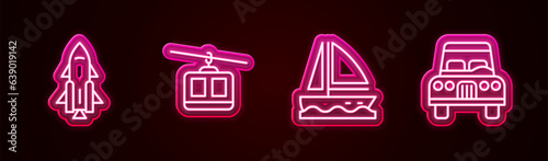 Set line Rocket ship with fire, Cable car, Yacht sailboat and Car. Glowing neon icon. Vector