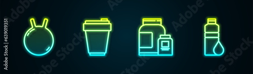 Set line Kettlebell, Fitness shaker, Sports nutrition and . Glowing neon icon. Vector