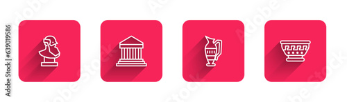 Set line Ancient bust sculpture, Parthenon, amphorae and Greek ancient bowl with long shadow. Red square button. Vector