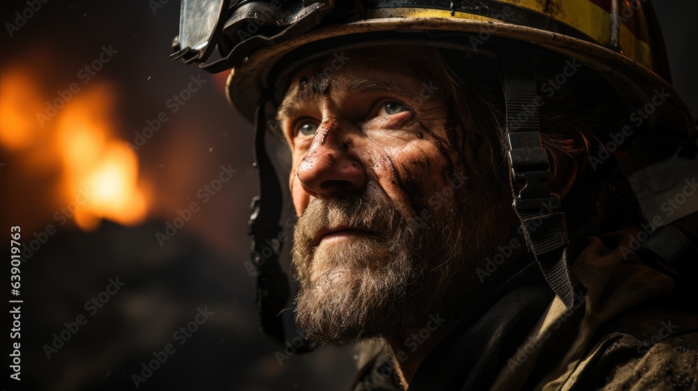 Close-up of a firefighter fighting flames. Close-up of a firefighter fighting flames.