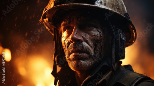 Close-up of a firefighter fighting flames.