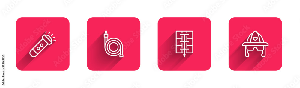 Set line Flashlight, Fire hose reel, Evacuation plan and Firefighter helmet with long shadow. Red square button. Vector Set line Flashlight, Fire hose reel, Evacuation plan and Firefighter helmet with long shadow. Red square button. Vector