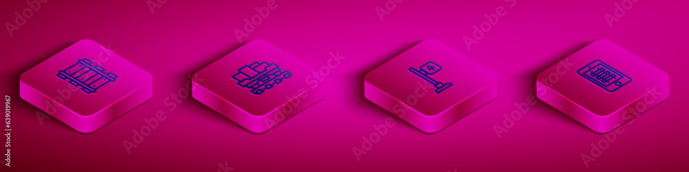 Set Isometric line Railway, railroad track, Cargo train wagon, Road traffic signpost and Buy ticket online icon. Vector Set Isometric line Railway, railroad track, Cargo train wagon, Road traffic signpost and Buy ticket online icon. Vector