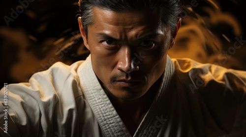 The face of a martial artist who captures the essence of devotion and mastery while practicing kata at the dojo.