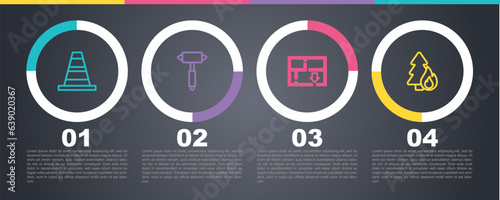 Set line Traffic cone, Firefighter axe, Evacuation plan and Burning forest tree. Business infographic template. Vector