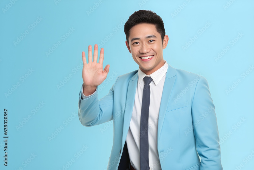 Malay business man stretching hand at camera in greeting gesture, light blue background Malay business man stretching hand at camera in greeting gesture, light blue background