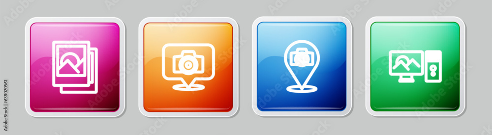 Set line Photo frame, camera, and retouching. Colorful square button. Vector Set line Photo frame, camera, and retouching. Colorful square button. Vector