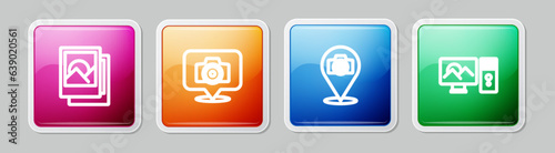 Set line Photo frame, camera, and retouching. Colorful square button. Vector