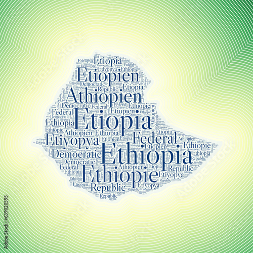 Ethiopia shape formed by country name in multiple languages. Ethiopia border on stylish striped gradient background. Vibrant poster. Powerful vector illustration.