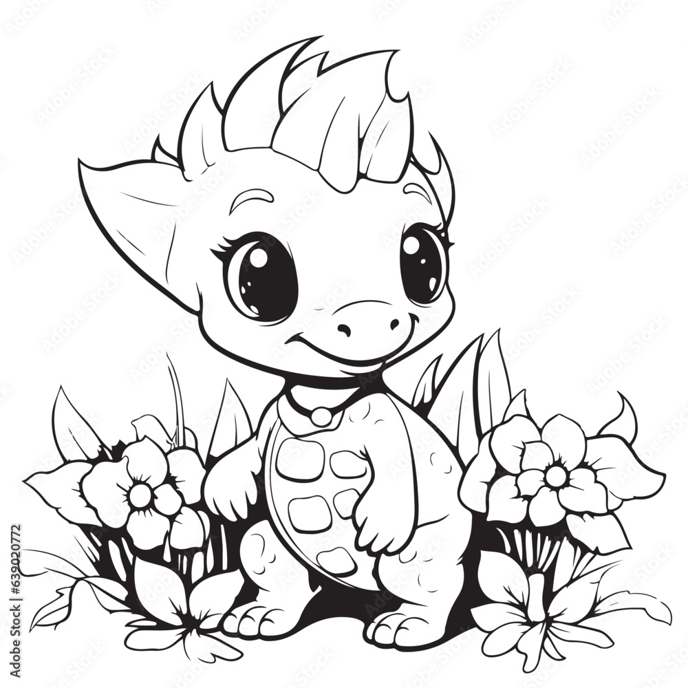 Fototapeta premium Cute cartoon dragon or dinosaur. Black and white vector illustration for coloring book