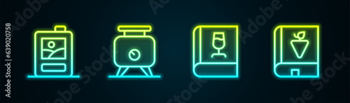 Set line Cardboard box of wine, Fermentation grapes, Book about and . Glowing neon icon. Vector
