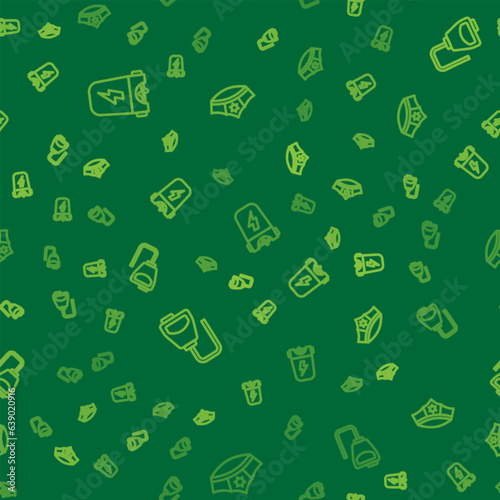 Set line Police electric shocker, Walkie talkie and cap with cockade on seamless pattern. Vector