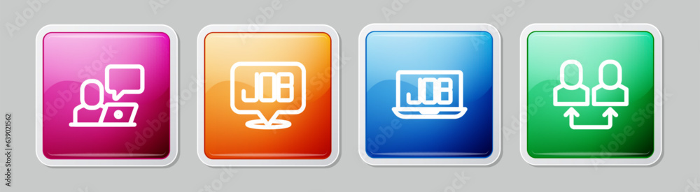 Set line Freelancer, Search job, and Exchange work. Colorful square button. Vector Set line Freelancer, Search job, and Exchange work. Colorful square button. Vector