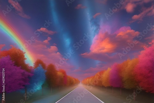 Landscape with specttrum burst sky. AI generated illustration