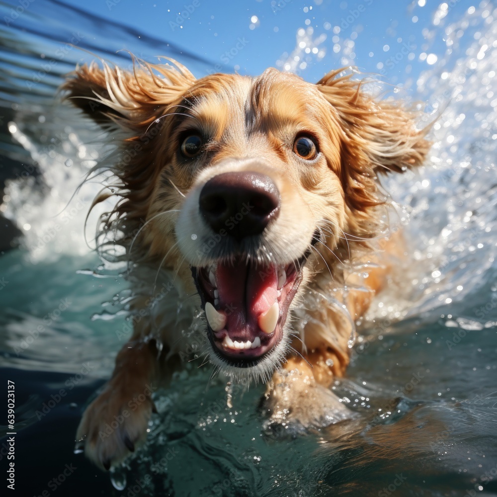 Portrait of a happy golden retriever swimming in the pool, splashing in the water