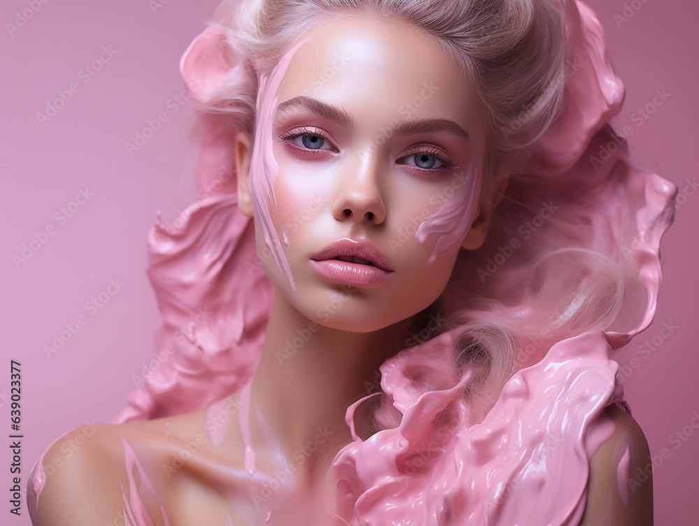 Beauty woman face painted in pink color paint, pink makeup