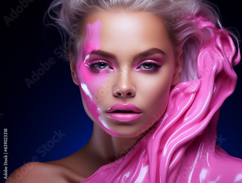 Beauty woman face painted in pink color paint  pink makeup