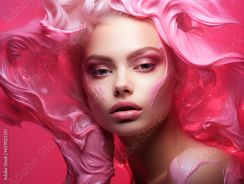 Beauty woman face painted in pink color paint  pink makeup