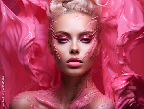 Beauty woman face painted in pink color paint, pink makeup © gerik_a