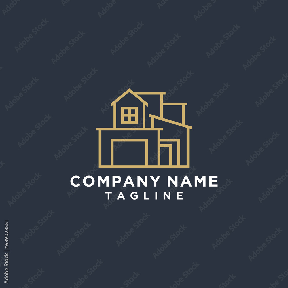 REAL ESTATE HOME BUILDING LOGO DESIGN FOR COMPANY AND BUSINESS GOLD COLOR BLUE BACKGROUND