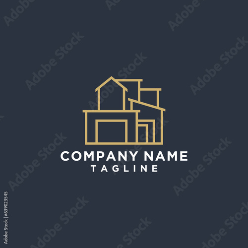 REAL ESTATE HOME BUILDING LOGO DESIGN FOR COMPANY AND BUSINESS GOLD COLOR BLUE BACKGROUND