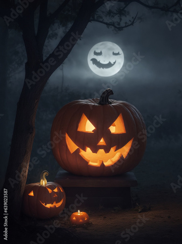 halloween pumpkin among the fog under the moonlight