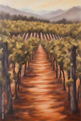 A path between two rows of vineyards.
