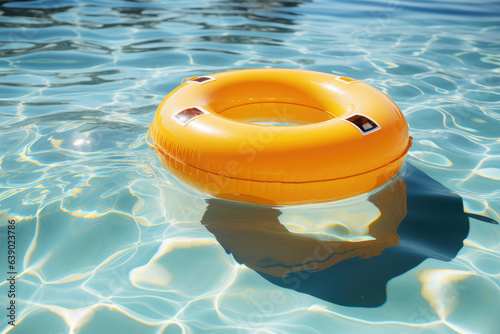 Yellow swimming pool ring float in blue water, representing the colors and joy of summer. Generative Ai, Ai.