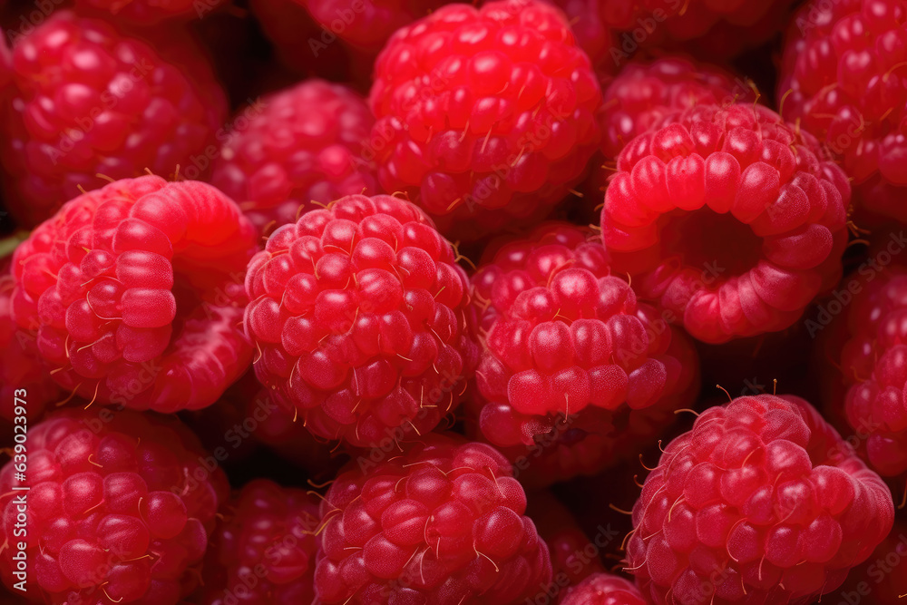 A close-up shot captures the vibrant and detailed texture of raspberries, filling the frame. Generative Ai, Ai. A close-up shot captures the vibrant and detailed texture of raspberries, filling the frame. Generative Ai, Ai.