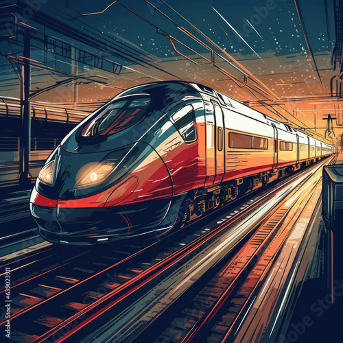 Cartoon illustration of a high speed train. Generative AI.