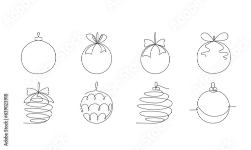 Christmas ball set ,continues one single line hand drawing sketch. Vector stock illustration isolated on white background for design template winter holiday banner, card, invitation. Editable stroke. 