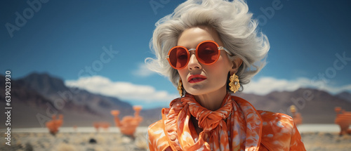 editorial shot of elder woman with orange fashion and great skin