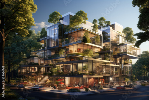 Showcasing a sustainable green building  an eco-friendly glass office building in a modern city. With the addition of trees. Generative Ai.