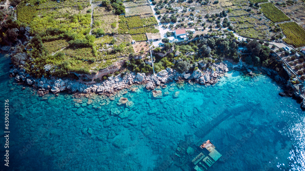 Aerial image of sunken ship Boka, near the town of Orebic at the Peljesac peninsula, Croatia